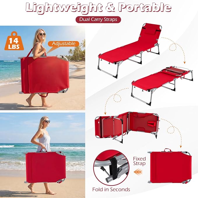 GYMAX Tanning Chair, 3 in 1 Sun Bathing Lounge Chairs with Face/Arm Holes & Side Pocket, Portable Lightweight Face Down Layout Tanning Chair for Outside, Beach, Backyard, Poolside (1, Red)