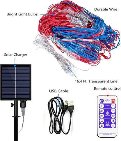 (New) Solar Powered American Flag Lights, 420 LED Flag, 4th of July Decorations, Outdoor Waterproof Remote Controlled Patriotic Lights for Independence Day, National Day, Memorial Day, Yard