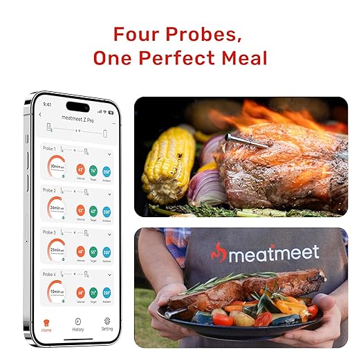 Wireless Bluetooth Meat Thermometer Digital, Standalone Base, WiFi Unlimited Range, AI guided cooking, 6 Sensors with ± 0.18°F Accuracy, 4 Probes for Kitchen, BBQ, Grill, Oven, Smoker (Z Pro)