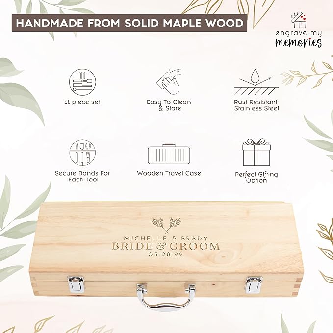Personalized Wedding Gifts for Couple, 11 Pcs Stainless Steel BBQ Grilling Set, Custom Barbecue Tools with Engraving, Unique Wedding Gift for Newlyweds, Custom Gift Ideas for Him & Her
