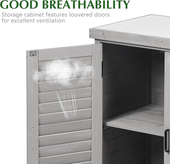 Outdoor Storage Cabinet & Potting Bench Table with Metal Top, Wooden Patio Furniture, Garden Workstation (Accent Grey, 36x31x17in)