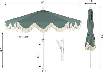 JONATHAN Y UMB1001 Collins 9 ft. Classic Cottage Tassel Market Patio Umbrella with Auto-Tilt, Crank, Wind Vent and UV Protection