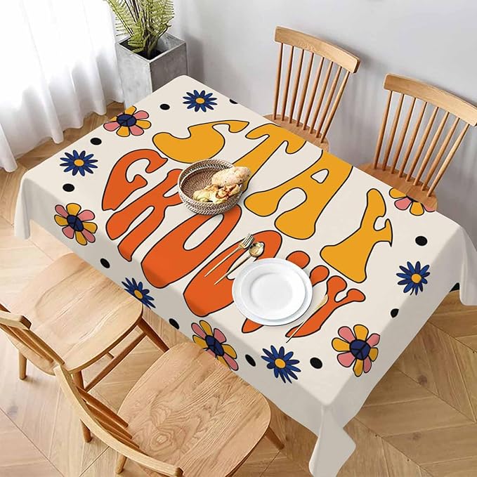 TKS MITLAN Tablecloth Stay Groovy Table Cloth Rectangle Table 60 x 84 Inch Seventies Retro Hippie Flowers in Circle Kitchen Decorations for Home Dinner Party
