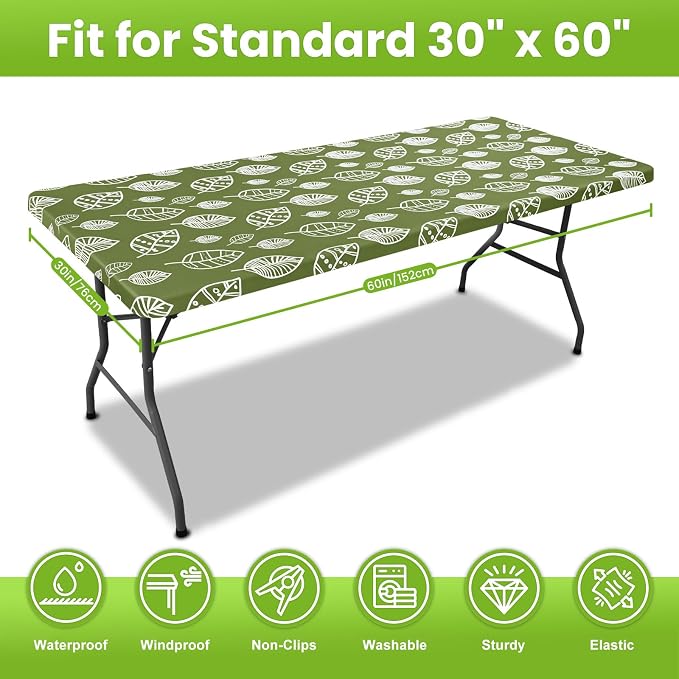 Smiry Spandex Fitted Tablecloth for 5 Foot Rectangle Tables, Washable Picnic Table Cover with Elastic, Stretch Reusable Table Cloth for Outdoor, Camping, Dining & Kitchen (Line Leaf, 30"x60")