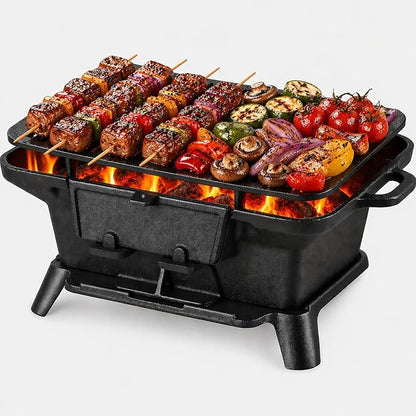Hibachi Grill Outdoor, Portable Mini Charcoal Grill, Pre-Seasoned Cast Iron, Small Japanese Yakitori Tabletop Skillet Grill Stove for Outdoor Camping