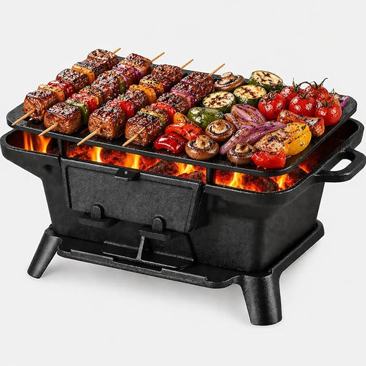 Hibachi Grill Outdoor, Portable Mini Charcoal Grill, Pre-Seasoned Cast Iron, Small Japanese Yakitori Tabletop Skillet Grill Stove for Outdoor Camping