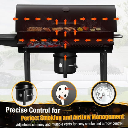 Charcoal BBQ Grills Outdoor: Spacious Barrel Barbecue Grill with Side Front Table - Premium BBQ Smoker Combo for Backyard Cooking Patio Grilling Tailgating Party Camping Picnic