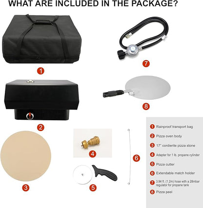 16" Propane Gas Portable Outdoor Pizza Oven w/Pulse Ignition, Auto Rotating Stone and Thermometer - Carry Bag, Peel, Cutter, 1 Lb. Cylinder Adapter and 4 Ft. Hose w/Regulator Included
