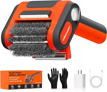Electric Grill Brush for Outdoor Grill, 800 RPM Brush Head, 3000mAh Battery, No Preheating Grill, 304 Stainless Steel Bristle, Rechargeable Cordless BBQ Grill Cleaner with LED Light, Orange