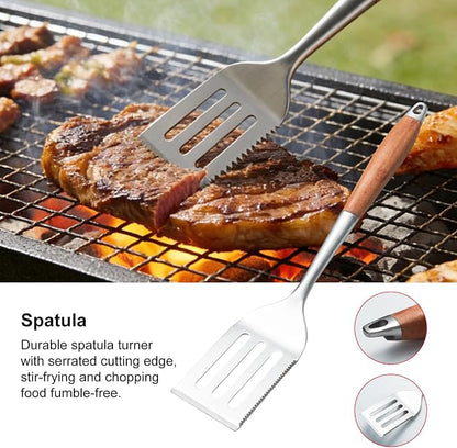 Heavy-Duty Wood BBQ Grilling Accessories Tools Set, Premium Thickened Stainless Steel Barbecue Utensils for Outdoor Grilling