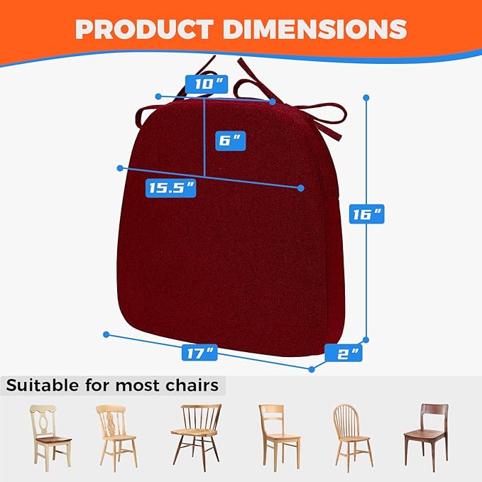 Sunsleek Chair Cushions for Dining Chairs, D-Shaped Seat Cushions with Removable Washable Cover and Ties, Chair Pads for Kitchen, Indoor Dining Room, Patio Chairs, 17'' x 16'', Set of 2, Red