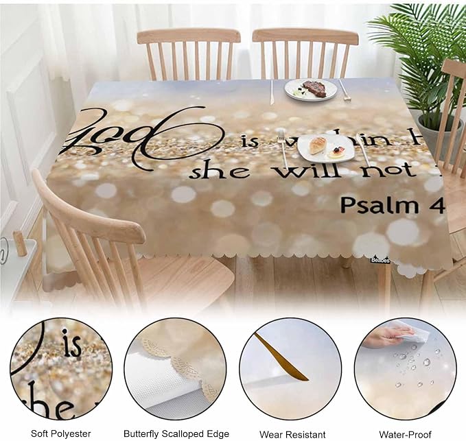 Bible Verse Decorative Table Cover for Kitchen, Oblong Tablecloth God is Within Her She Will Not Fall Dining Table Cloth Tabletop Tablecloths for BBQ Picnic Coffee 52"X70", Gold Sparkle