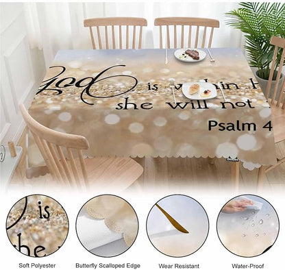 Bible Verse Decorative Table Cover for Kitchen, Oblong Tablecloth God is Within Her She Will Not Fall Dining Table Cloth Tabletop Tablecloths for BBQ Picnic Coffee 52"X70", Gold Sparkle