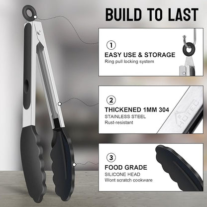 HOTEC Premium Kitchen Tongs, 7 & 9 Inch, Stainless Steel, Black, Set of 2 | Silicone Tips, Durable Spring Locking Mechanism, Non-Scratch & Heat Resistant, For Salad, BBQ, Serving