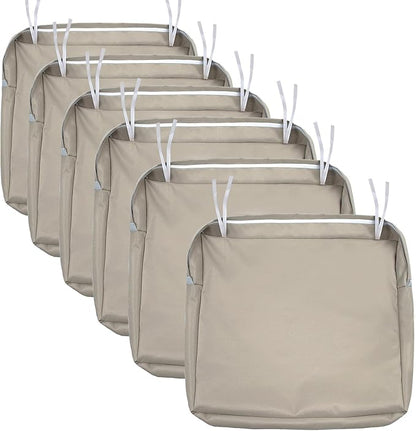 NettyPro Patio Chair Seat Cushion Covers Set 6, Waterproof Outdoor Furniture Cushion Slipcovers with Zipper and Tie, 24 x 24 x 4 Inch, Replacement Cover Only, Khaki