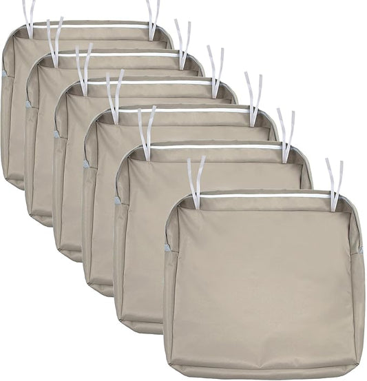 NettyPro Patio Chair Seat Cushion Covers Set 6, Waterproof Outdoor Furniture Cushion Slipcovers with Zipper and Tie, 24 x 24 x 4 Inch, Replacement Cover Only, Khaki