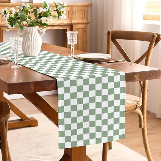 Sage Green Checkered Table Runner Green and White Classic Checkerboard Table Decorations for Wedding Birthday Bridal Baby Shower Home Party Kitchen Island Decor (Sage Green, 13" x 72")