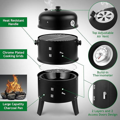 17 Inch Vertical Charcoal BBQ Grill, 3-in-1 Heavy-Duty Portable Outdoor Smoker Grill with Built-in Thermometer for Backyard Parties Cooking Grilling Camping