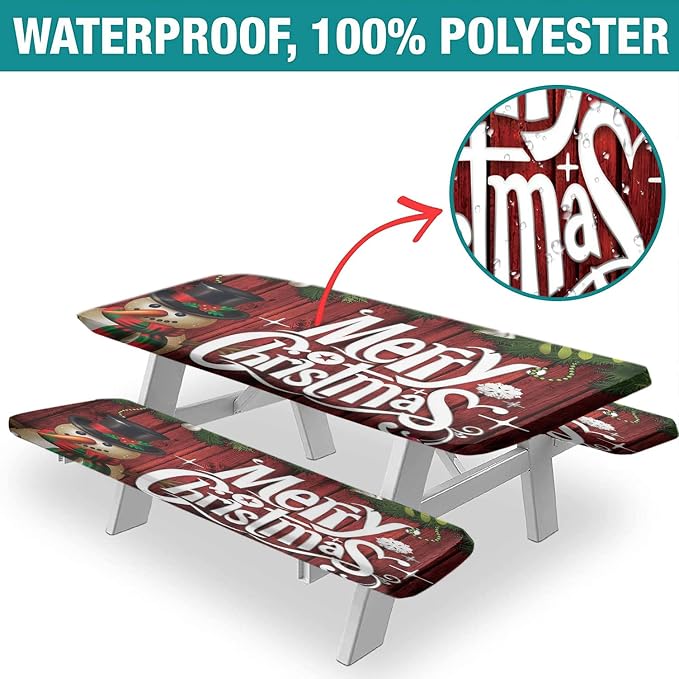 Christmas Picnic Table Cover with Bench Covers, Red Xmas Tree and Snowman Print Elastic Edged Table Cover, 72x28 Inch, Polyester Table Covers for Camping Patio & Picnic Use, Cream, 3 Pieces Set