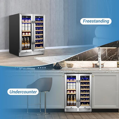 Velivi Wine and Beverage Refrigerator Under Counter, 24 Inch Beverage Fridge Dual Zone with Glass Door, Built In Beverage Cooler with Increase Capacity Space, Advanced Cooling System