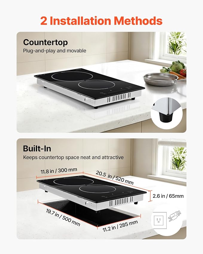 VEVOR Electric Cooktop 12inch 2 Burners Portable Stove Top 1800W 120V, Ceramic Countertop/Built-in Radiant Electric Stove, with 9 Power Levels, Timer, Child Lock, Over-Heat Guard, Touch Control
