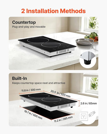 VEVOR Electric Cooktop 12inch 2 Burners Portable Stove Top 1800W 120V, Ceramic Countertop/Built-in Radiant Electric Stove, with 9 Power Levels, Timer, Child Lock, Over-Heat Guard, Touch Control