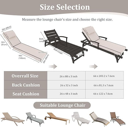 Chaise Lounge Cushions Outdoor Set of 2 Lounge Chair Cushion 80" L x 26" W with Headrest Straps 3'' Thick Waterproof Patio Chaise Cushions Pool Lounger Chair Cushion(Grey White)