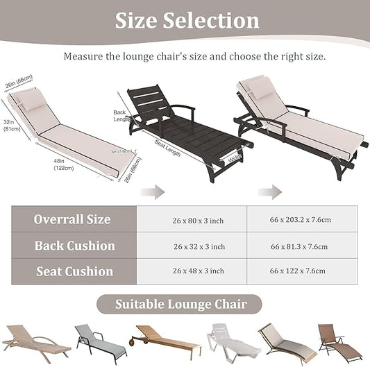 Chaise Lounge Cushions Outdoor Set of 2 Lounge Chair Cushion 80" L x 26" W with Headrest Straps 3'' Thick Waterproof Patio Chaise Cushions Pool Lounger Chair Cushion(Grey White)