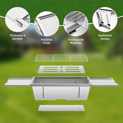 Portable Charcoal Grill, Uten Stainless Steel Foldable Barbecue with Carry Bag & Side Tables, Lightweight for Camping, Tailgating, Beach, Picnic (19.1" x 8.7")