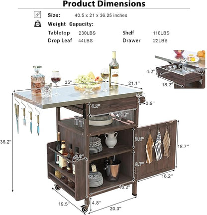 Outdoor Grill Cart with Stainless Steel Top, Solid Wood Outdoor Storage Cabinet with Drop Leaf, One Drawer, Towel Rack, Rolling Kitchen Cart with Lockable Wheels for Lawn Garden (Brown@072)