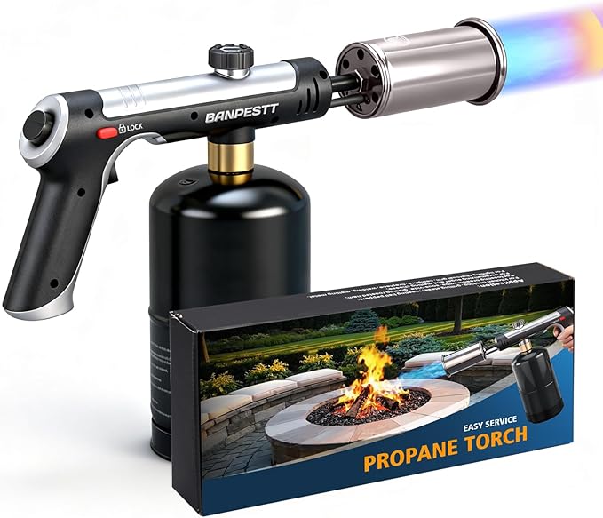 Powerful Propane Torch Gun with One-Tap Max Power & Safety Lock, Adjustable Flame Up to 3,272°F for BBQ, Searing, Camping, Weeding & DIY (Tank Not Included)
