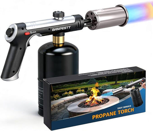 Powerful Propane Torch Gun with One-Tap Max Power & Safety Lock, Adjustable Flame Up to 3,272°F for BBQ, Searing, Camping, Weeding & DIY (Tank Not Included)