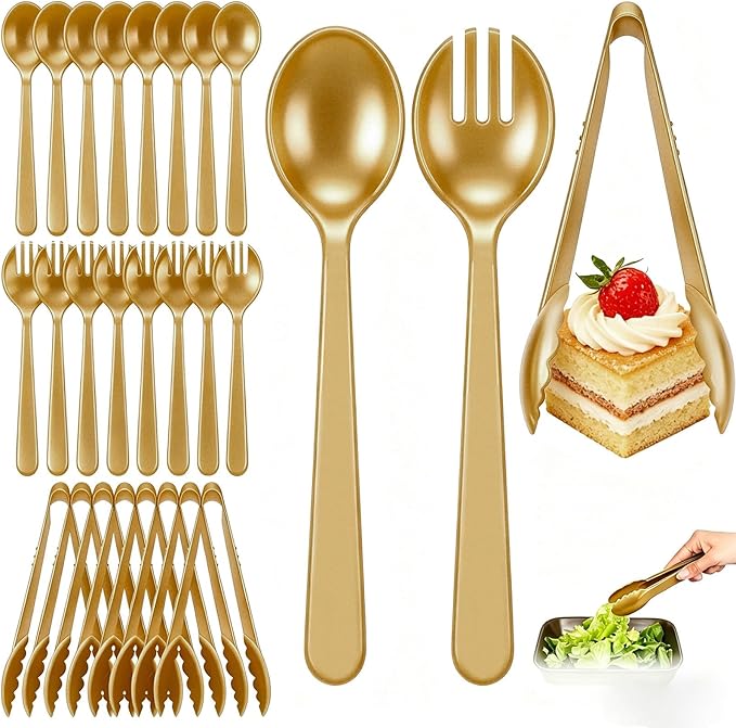 24 Pcs Gold Plastic Serving Utensils Set, Elegant Disposable Party Serving Spoons & Forks, Heavy Duty Gold Buffet Utensils for Wedding, Birthday, Baby Shower, Holiday Celebration & Special Events