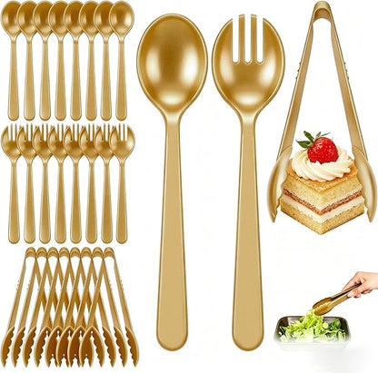 24 Pcs Gold Plastic Serving Utensils Set, Elegant Disposable Party Serving Spoons & Forks, Heavy Duty Gold Buffet Utensils for Wedding, Birthday, Baby Shower, Holiday Celebration & Special Events