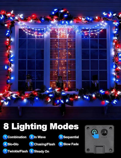 2 Pack C6 Strawberry String Lights, 50 LED Red White Blue Solar Powered Waterproof 8 Modes Outdoor Garden Patriotic Lights for 4th of July Decor