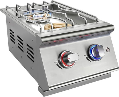 Double Grilling Side Burners for Outdoor Kitchen, 2 * 17,000BTU Liquid Propane Burners, Convertible to Natural Gas, Duty Heavy 304 Stainless Steel, Built-in Side Burner for BBQ Island Grill