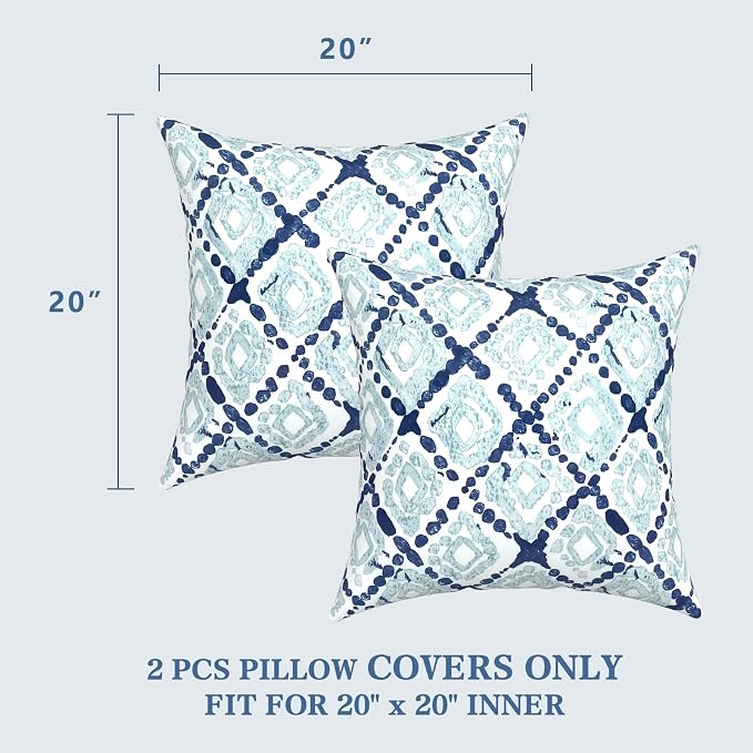 LVTXIII Outdoor Pillow Covers 20x20 Inch, 2 Pack Large Square Throw Pillow Cases, Fade-Resistant Cushion Covers for Patio Furniture Sofa, Garden Porch, Boho Geometry Blue