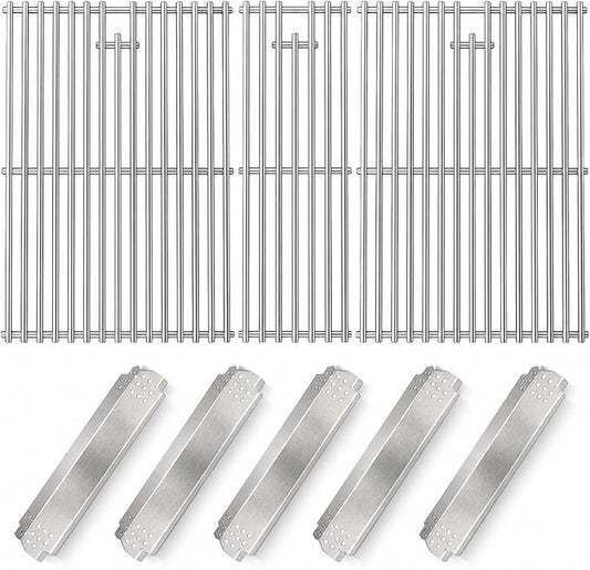 Uniflasy Grill Grates Heat Plates Replacement Parts for Nexgrill 720-0882A, Stainless Steel Cooking Grates with Heat Shields for Nexgrill Evolution Infrared Plus 5-Burner Gas Grills