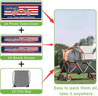 250th Anniversary America Flag Picnic Table Cover with Bench Covers Camping Essentials 250 USA Flag 1776-2026 Waterproof Fitted Camping Tablecloth Cover with Elastic Edge for Outdoor 3 PCS 30x72 Inch