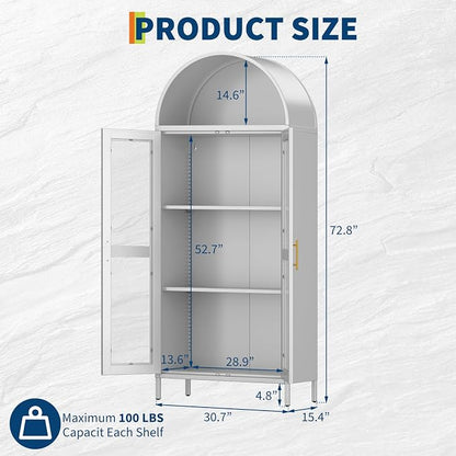 PioneerWorks 73" Arched Metal Storage Cabinet with Glass Door | 2 Adjustable Shelves | Arch-Top Storage Unit for Pantry, Living & Dining Rooms - White with Legs