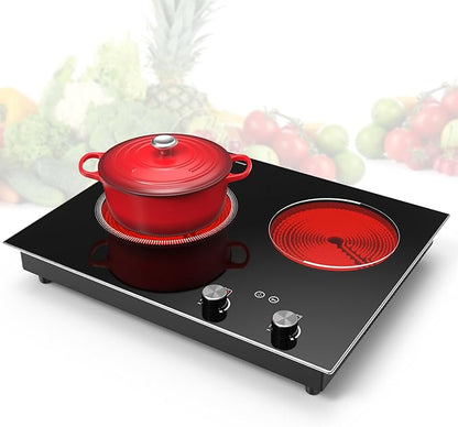GIHETKUT Electric Cooktop,1110V 2100W 2 Burner stove,Built-in & Countertop Stove Top with10 Heating Level, Timer & Kid Safety Lock, LED Knob Touch Control 2 Burner Electric Cooktop