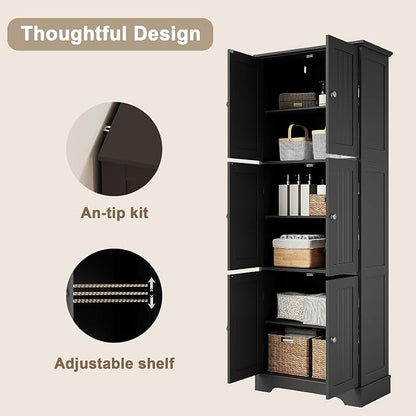 ChooChoo 63.2" Tall Bathroom Storage Cabinet with 6 Doors | Freestanding Floor Cabinet, Adjustable Shelves, Pantry Cabinet for Bathroom, Kitchen, Laundry Room, White