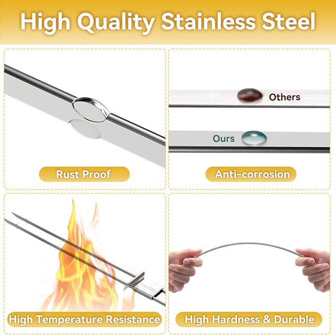 Skewers for Grilling- 17 inch (6 Pack) Double Pronged Flat Stainless Steel BBQ Skewer with Push Bar- Kabob Skewers Skewer Sticks for Camping or family - Reusable, BBQ Accessorie