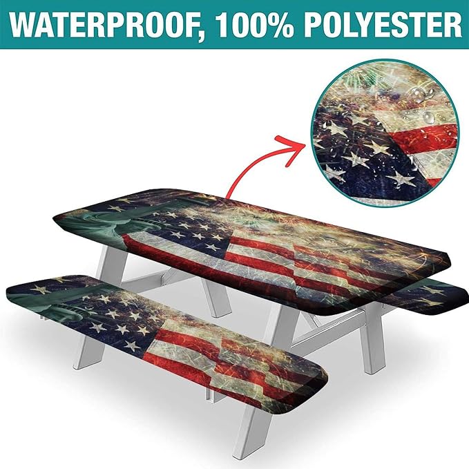 4th of July USA Flag Picnic Table and Bench Fitted Covers, American Flag Composite Photo of States Idols with Fireworks on Background, 28x72 Inch for Dining, Outdoor Camping USE, 3-Piece Set