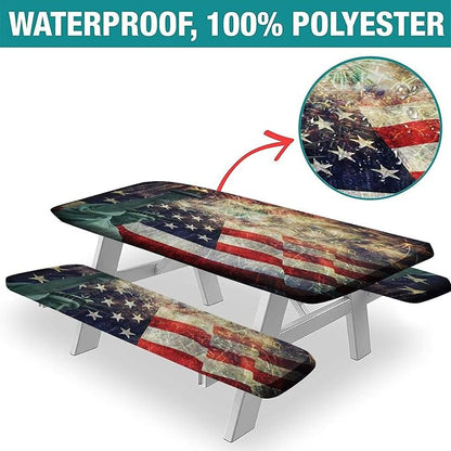 4th of July USA Flag Picnic Table and Bench Fitted Covers, American Flag Composite Photo of States Idols with Fireworks on Background, 28x72 Inch for Dining, Outdoor Camping USE, 3-Piece Set