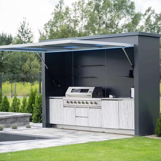 Modular Outdoor Kitchen, Premium Outdoor Cooking Island with Grill, Oven, Refrigerator, Bar Counter and Sink, Automatic Lift Door Design with Built-in Lighting for Garden BBQ Outdoor Cooking