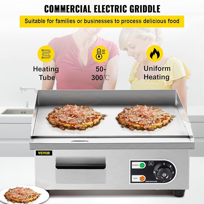 VEVOR 14" Commercial Electric Griddle,110V 1500W Electric Countertop Griddle Non-Stick Restaurant Teppanyaki flat top Grill Stainless Steel 122°F-572°F Adjustable Temperature Control(No Plug)