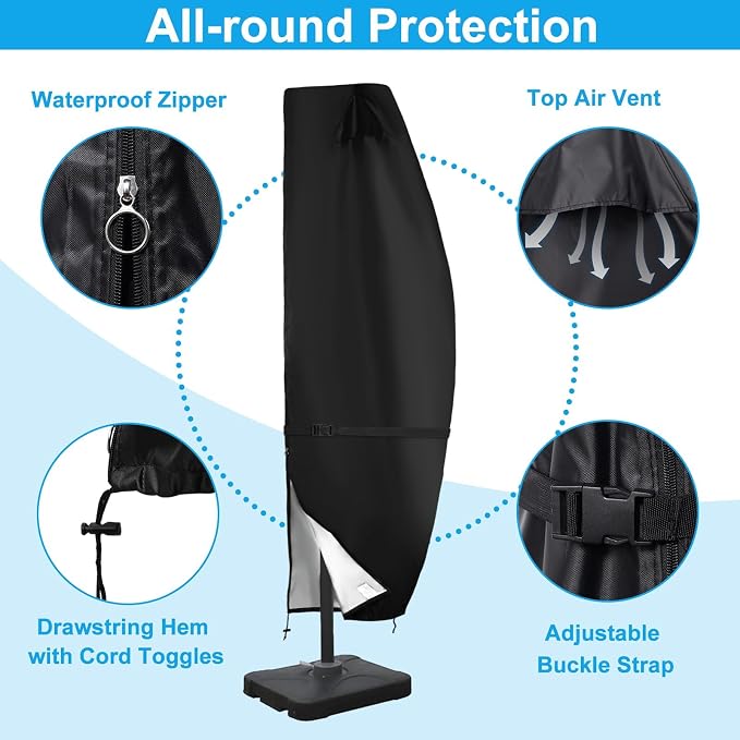 Cantilever Umbrella Covers for Offset 9-12ft 420D Waterproof | 420D Oxford Fabric, Silver Nano Coating, Top Vent, Hem Drawstring, UV Resistant, 9-12FT Offset Umbrellas