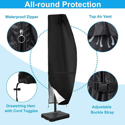 Cantilever Umbrella Covers for Offset 9-12ft 420D Waterproof | 420D Oxford Fabric, Silver Nano Coating, Top Vent, Hem Drawstring, UV Resistant, 9-12FT Offset Umbrellas