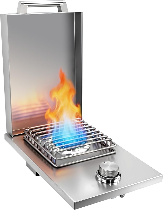 Built-in Single Grilling Side Burner for Outdoor Grill, Heavy-Duty 304 Stainless Steel, Drop in Side Burner With Cover, 15,000BTU Natural Gas & Propane, Single Side Burner for Family Patio Parties